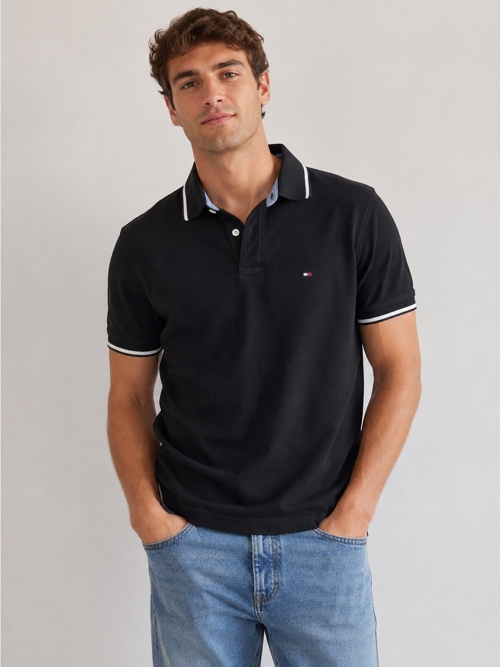 Tommy Hilfiger Custom Fit Black Polo Shirt Men’s Medium 100% Cotton